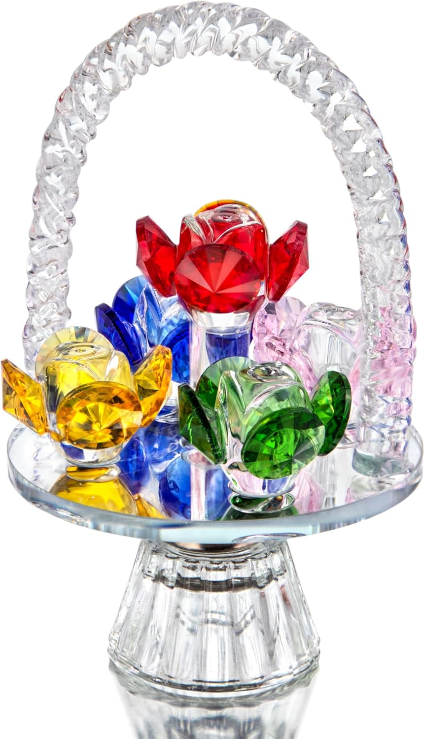 H&D HYALINE & DORA Colorful Crystal Flower Basket Figurine Ornament, Glass Flower with Rotating Base for Home Dress Table Centerpiece Christmas Lady Gift