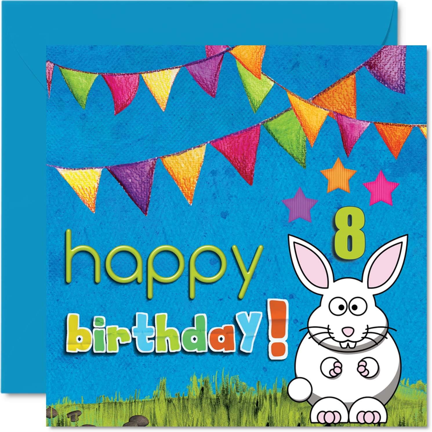 8th Birthday Card Boy Girl - Bunny Rabbit - Happy Birthday Card 8 Year Old Boy, Girls Boys Birthday Cards for Her Him, 145mm x 145mm Greeting Card for Son Daughter Nephew Niece Grandson Little Brother