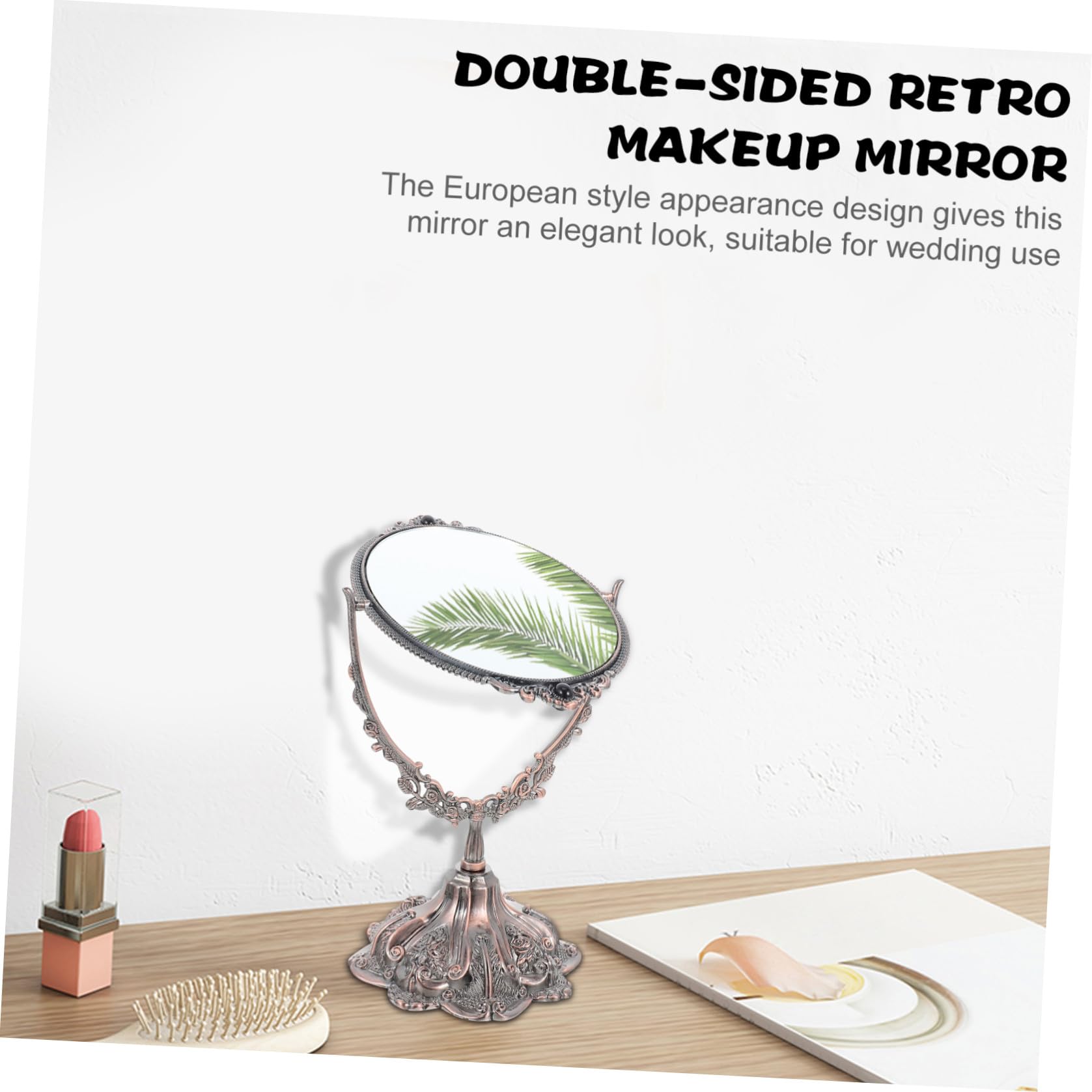 Doppelseitiger Schminkspiegel aus Zinklegierung im Europäischen Stil | Drehbar, Flacher Standfuß, Hohe Definition, Geeignet für Make Up und Hochzeit