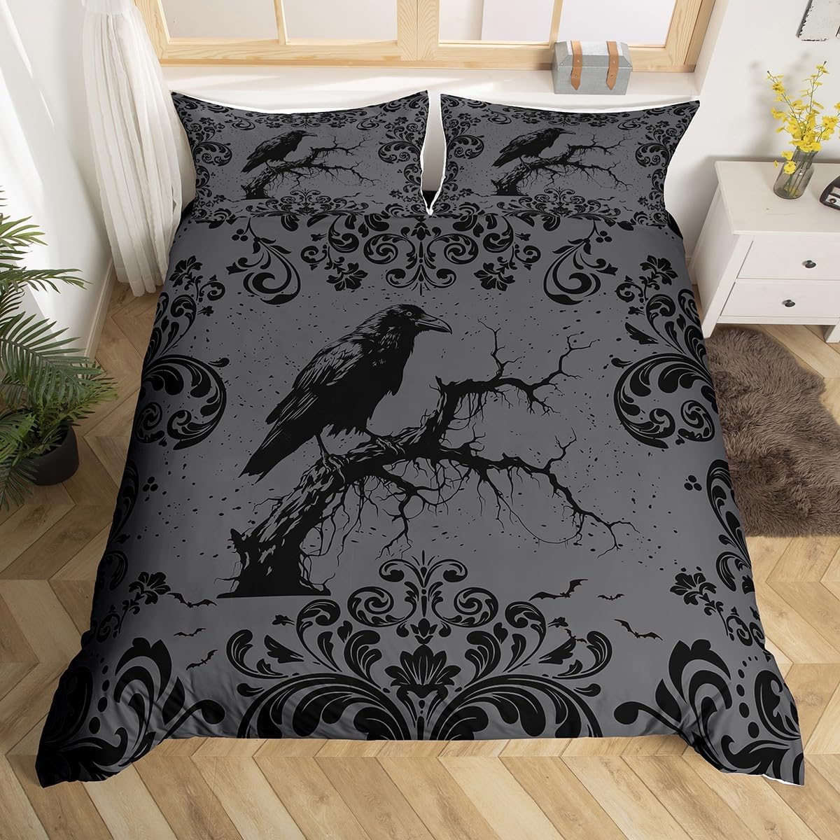 Erosebridal Black Raven Crow Bedding Set King Damask Floral Gothic Comforter Cover for Adults Men Women Teen Kids,Black Grey Halloween Decor Duvet Cover Gothic Tree Branch Bird Quilt Cover