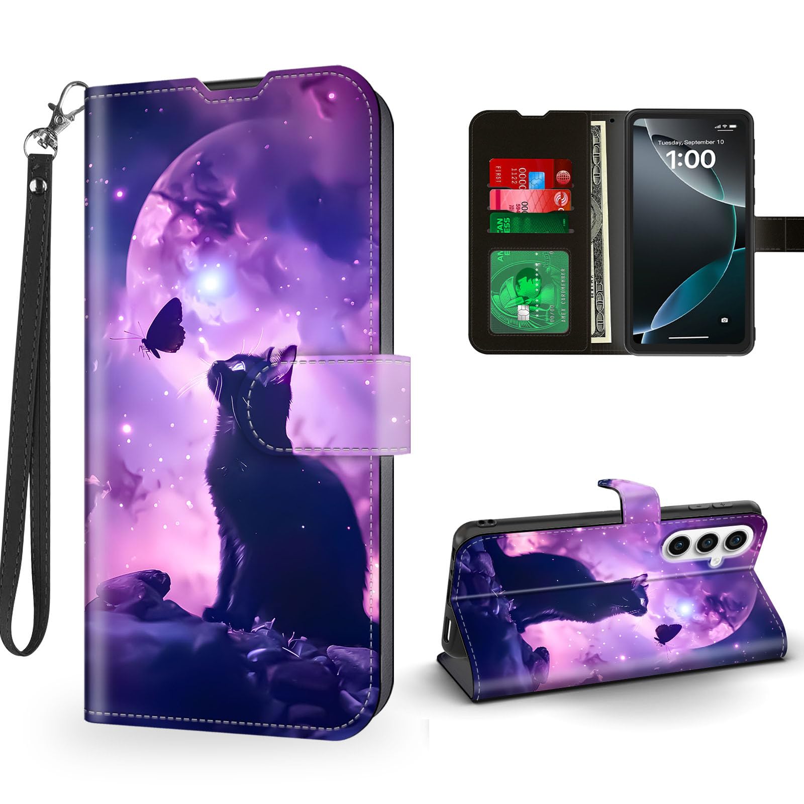 ETLKJVBL for Galaxy A35 5G Phone Case Wallet with Card Holder, Butterfly Starry Sky Cat Magnetic Snap and RFID Blocking Leather Flip Cover/Kickstand