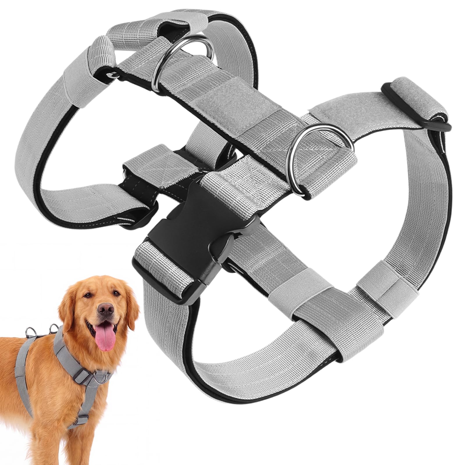 Arnes Perro Grande Mediano, Arnés Pecho Antitirones Perros, Arnes Táctico Resistente Perro, Chaleco Ajustable Acolchado Suave para Mascotas para Adiesreamiento Caminar Correr (Gris, M)