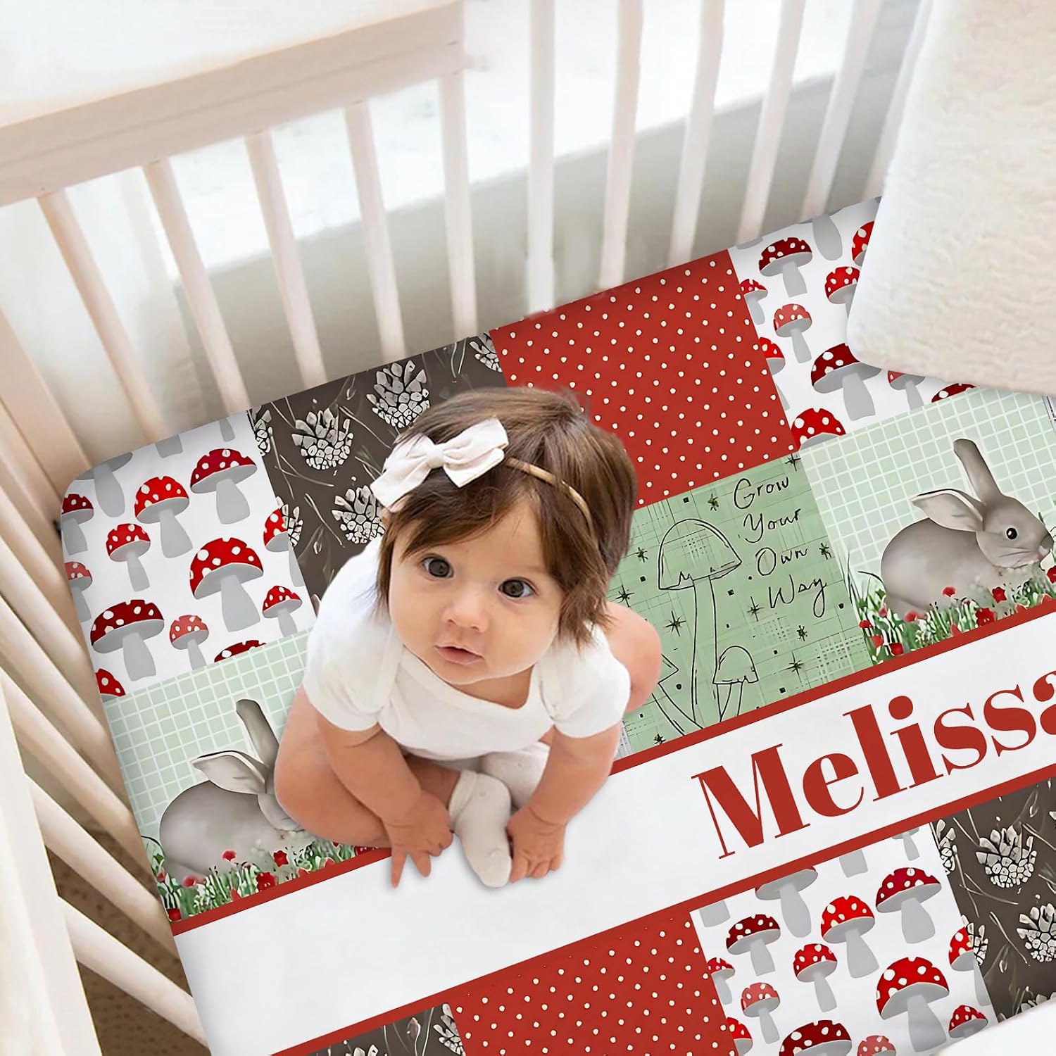 Personalized Baby Crib Bedding Sets, Modern Mushroom Cartoon Animal Themed, 2 Piece Crib Bedding Sets, Standard Crib Size, Red