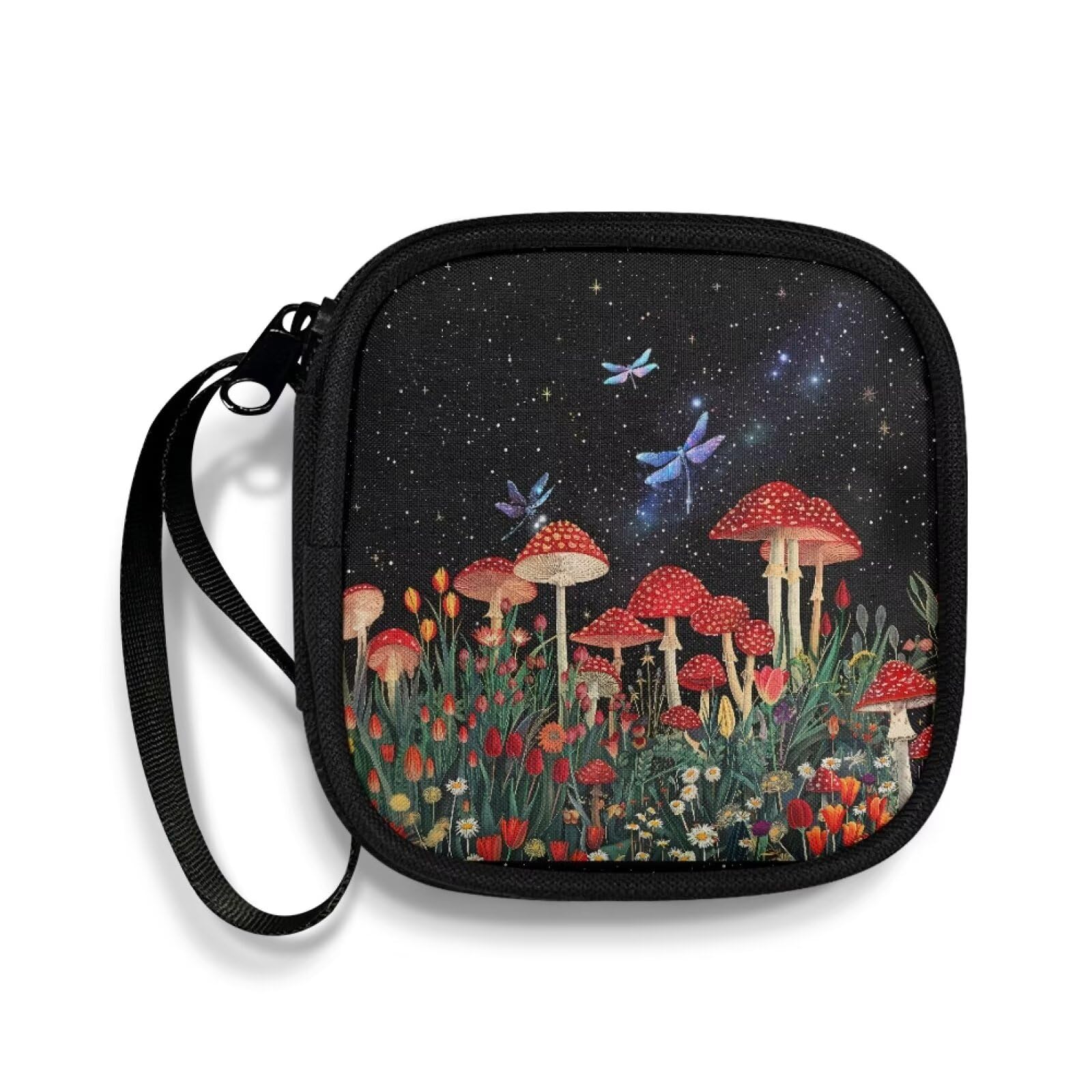 Puganiruo Earphone Case Earbuds Small Carrying Cases Mushroom Dragonfly Portable Headphone Organizer Storage Pouch Bag with Handle Make The Headphone