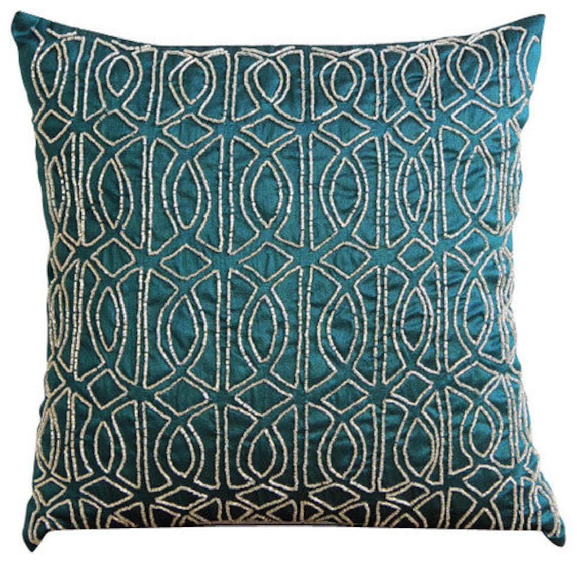 The HomeCentric Royal Peacock Green Cushions Cover 55x55 cm (22x22 inch), Lattice Trellis Cushioncases, Square Throw Silk Pillowcases for Couch, Geometric - Geometric Royal Peacock Green — image 1