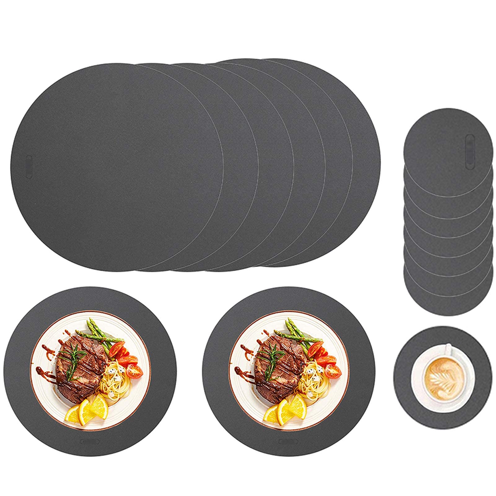 Sets de table et sous-verres imperméables et anti-chaleur en cuir PU gris x8