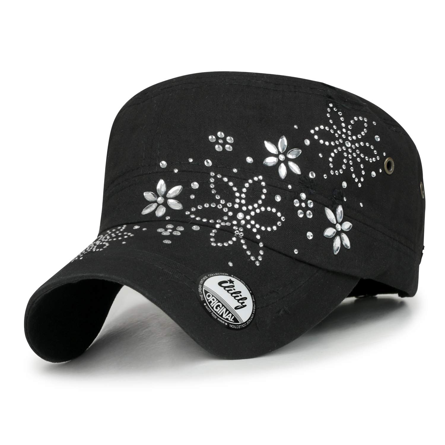 ilililyCrystal Gemstone Stud Flower Vintage Cotton Military Army Hat Cadet Cap, Black