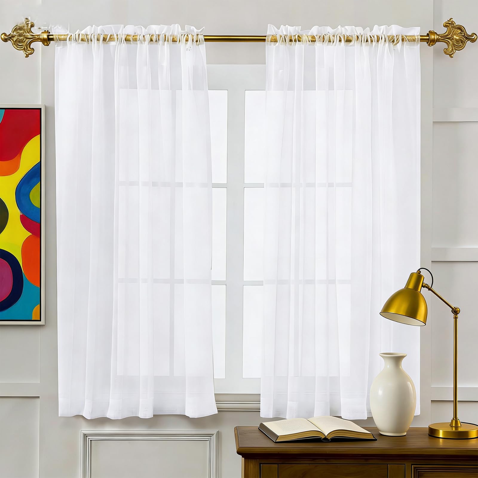 Cortinas de voile blanco transpirables y ligeras de 112 x 188 cm para ventanas de dormitorios