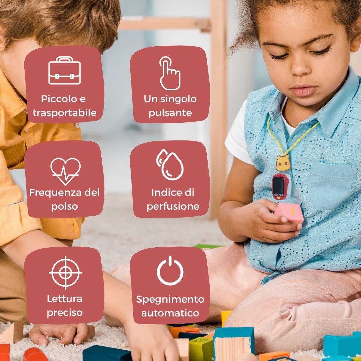 Mobiclinic ®, Saturimetro pediatrico, Py03, Pulsossimetro da dito per bambini, Affidabile e accurato, Ossimetro professionale, Con caricatore usb, Forma di uccellino, Rosso