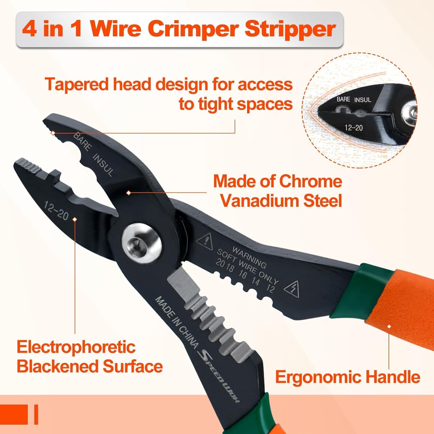 SPEEDWOX Professional Electrical Pliers 4-in-1 Multi Purpose Electricians Pliers with Wire Cutter, Crimper, Gripper, Stripper 7" Compact Wire Stripper for 12-20 AWG Insulated & Non-Insulated Wires