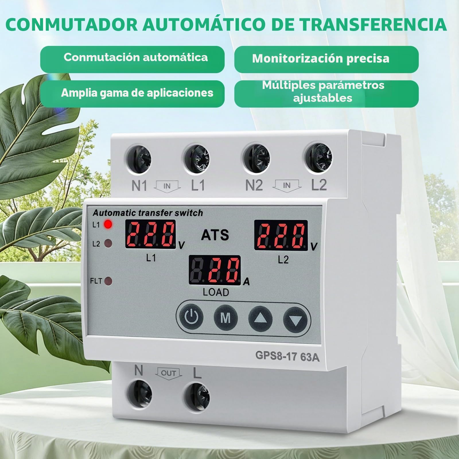 Jadeshay Interruptor de Transferencia Automática, 2P 63A 220V ATS Conmutador Automático Doble Fuente LCD Digital de Voltaje Corriente con Protección contra Sobretensión Subtensión para Fotovoltaico