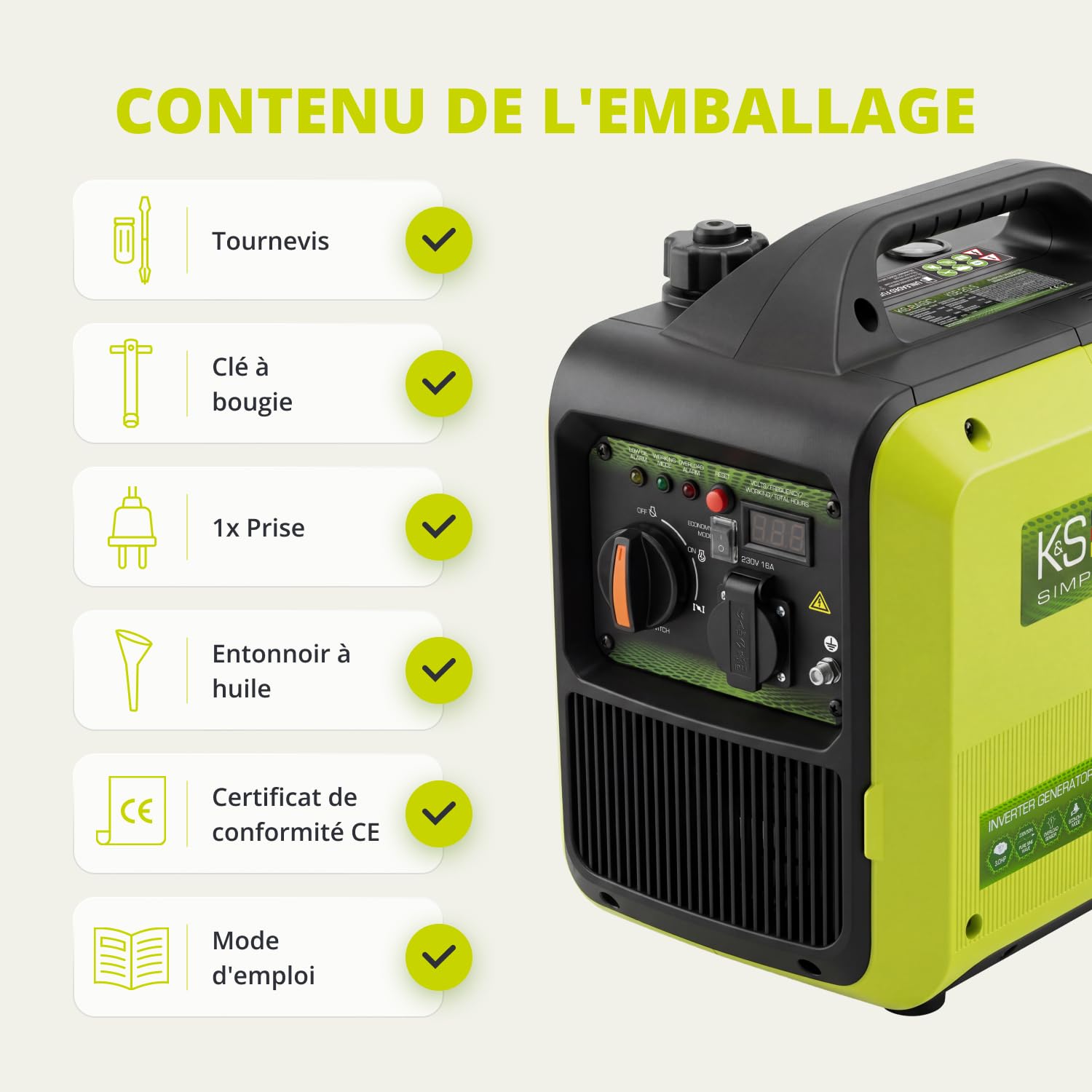 K&S BASIC Générateur inverter 20i S 2000 W, générateur de secours à essence 230 V - Onde sinusoïdale pure, générateur de courant avec mode éco, affichage LED, puissance nominale de 1,8 kW, portable