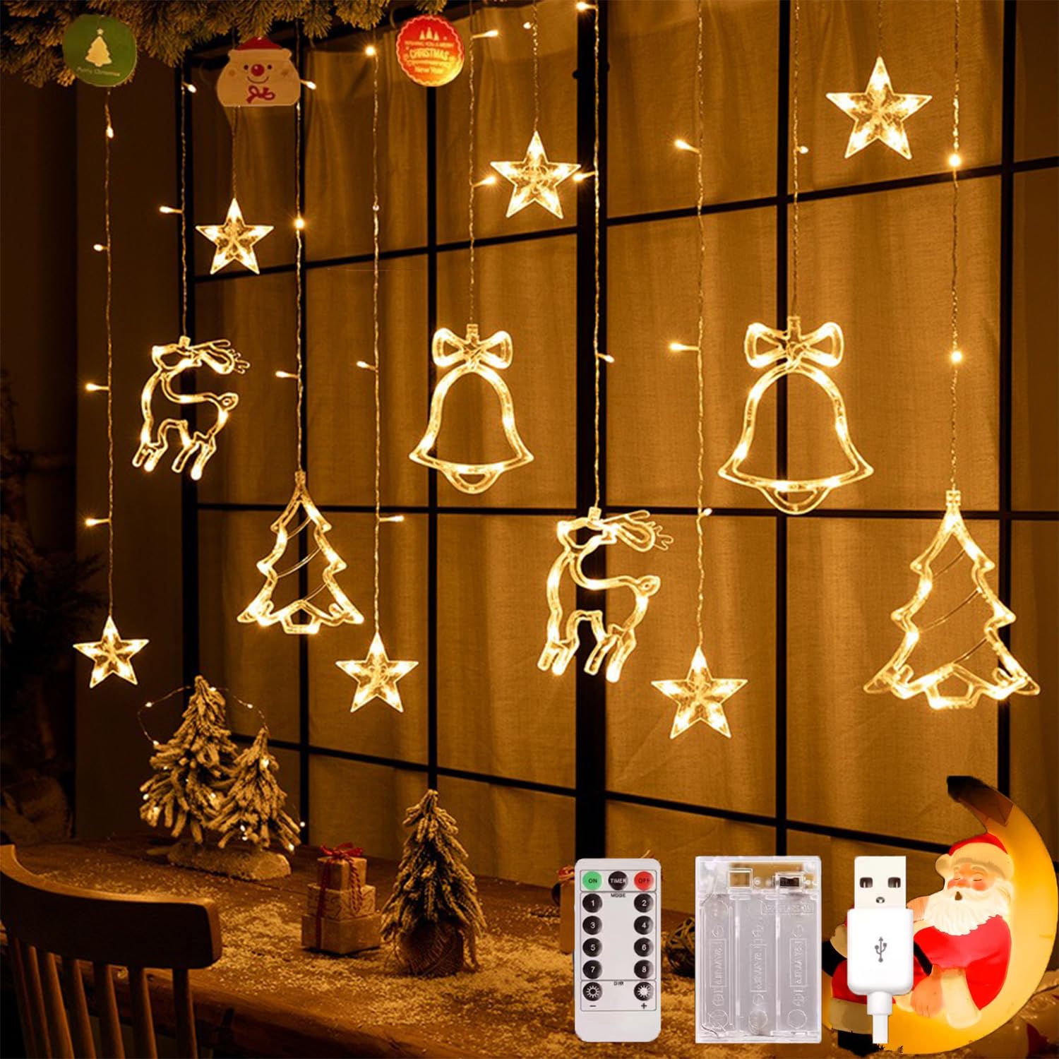 Arespark Luces de Navidad, 3.5m Luces de Cortina, 8 Modos Cadena de Luz de Ventana de Campana Alce, Guirnaldas Luces Interior Exterior con Control Remoto IP44 para Balcón, Ventana, Fiesta, Navidad