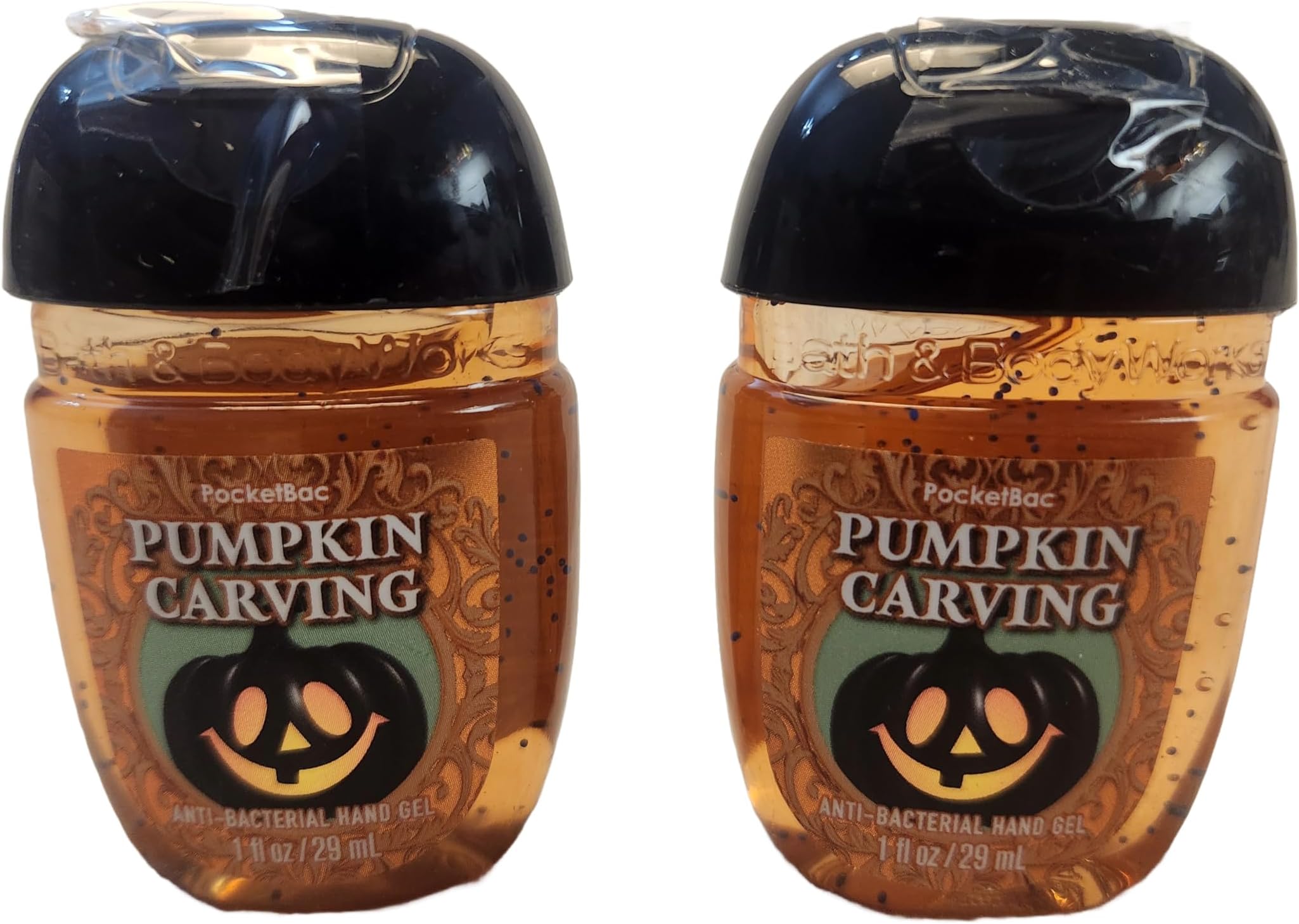 Bath and Body Care - Travel Size Sanitizer - 2 piece Bundle Set Hand Gel - 1 Fl Oz each - Label Artwork Varies (PUMPKIN CARVING)