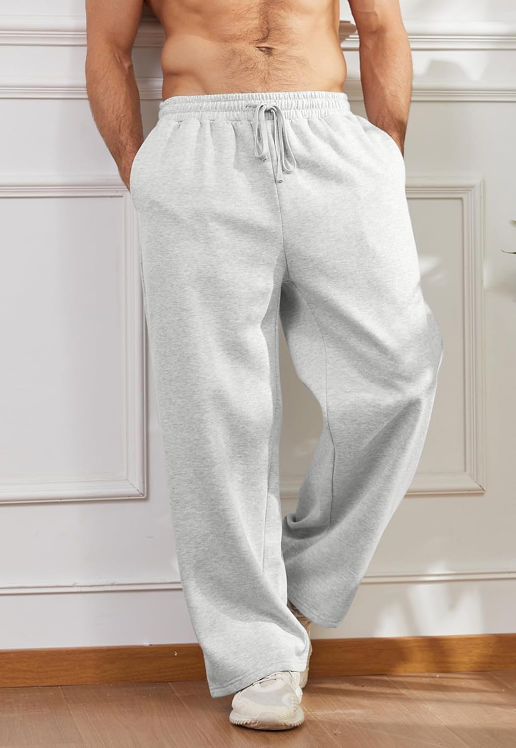 Mens Baggy Sweatpants Open Bottom Fleece Workout Casual Joggers Elastic Waist Drawstring Wide Leg Pants with Pockets - Image 5