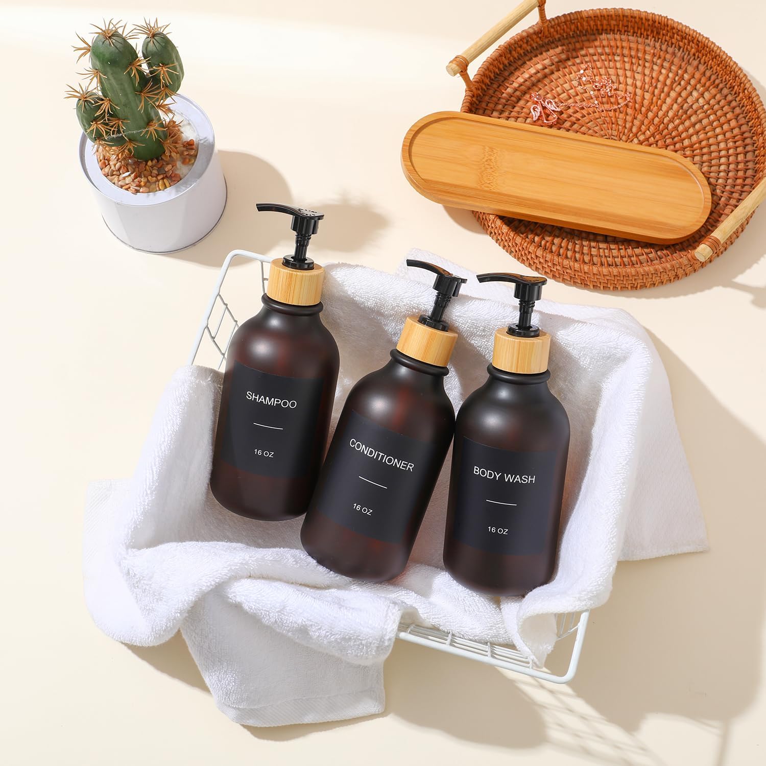 Shampoo and Conditioner Dispenser, Shower Soap Dispenser with Bamboo Pumps/Tray, Refillable Shampoo and Conditioner Bottles, Shower Shampoo Dispenser 3 Chamber, 16oz(Amber)