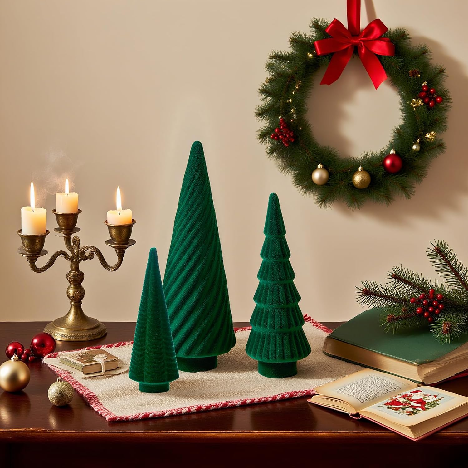 DN DECONATION Set of 3 Flocked Velvet Christmas Trees, Green Tabletop Xmas Tree Decor with Pine, Swirl & Wave Designs Mini Christmas Figurines for Mantel, Desk, Holiday Centerpiece