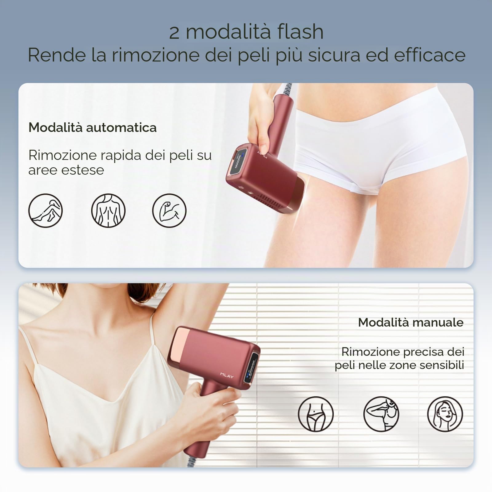 Epilatore Luce Pulsata con 0,5 sec/flash, 2 Testine di Depilazione per una Depilazione Fredda e Indolore in più Aree, Depilazione ad alta Efficienza 600nm, Depilazione Laser di Bikini, Ascelle