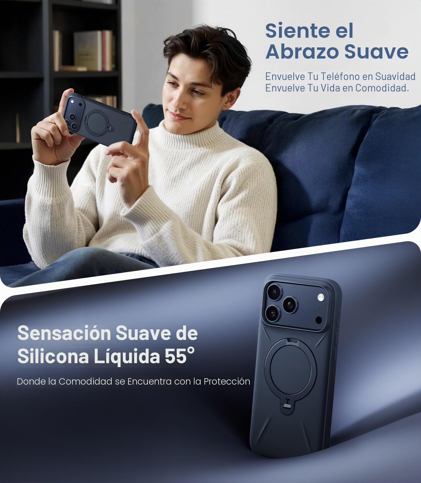 TORRAS Ostand Q3 - Funda de silicona para iPhone 17 Pro (silicona líquida superior) (soporte magnético 360°), protección contra caídas, con protección de botones de cámara, para iPhone 17 Pro, con