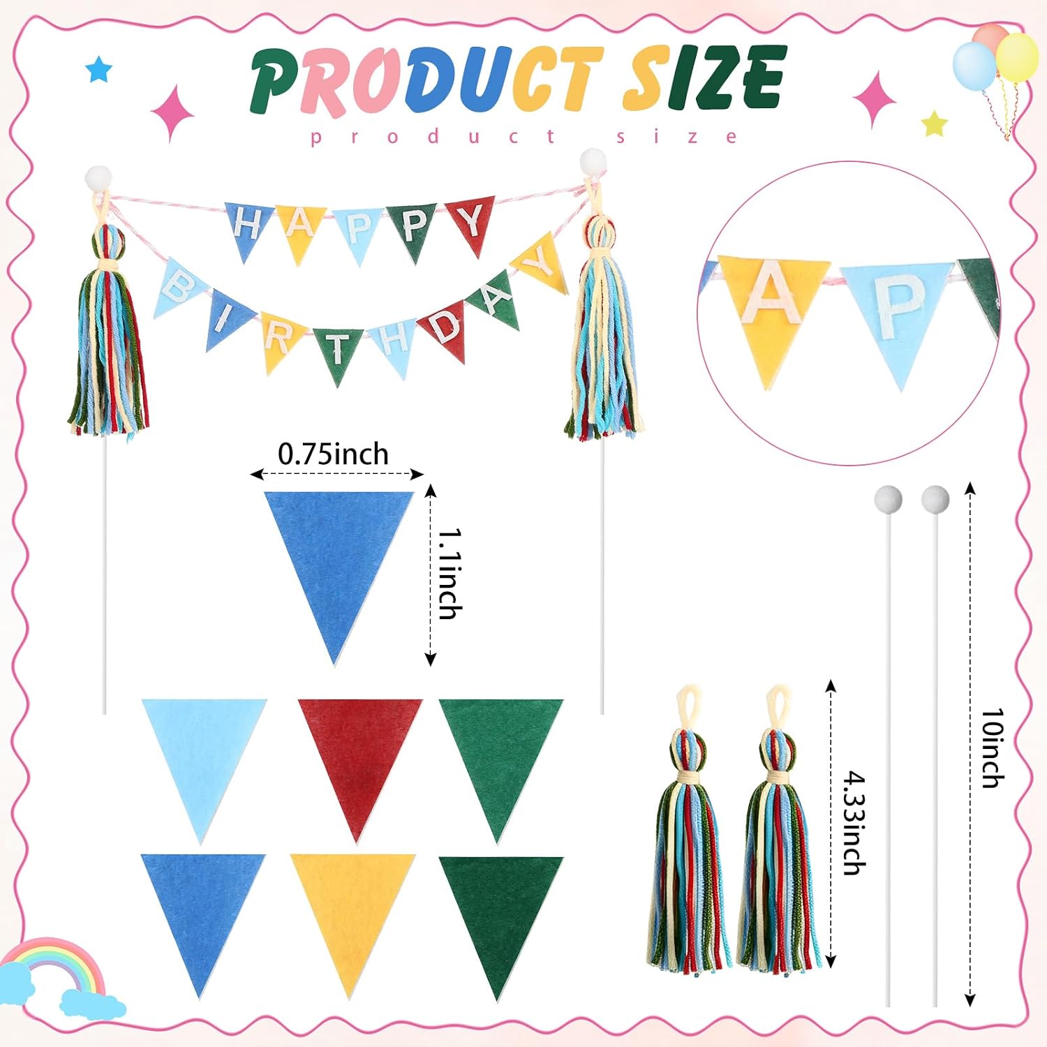 Breling 94 Pcs Personalized Felt Triangle Bunting Cake Banner Set, DIY Handmade Flag Banner Plastic Stick Alphabet Number for Birthday Wedding Decoration Anniversary Party Supplies(Rainbow Color) image 3