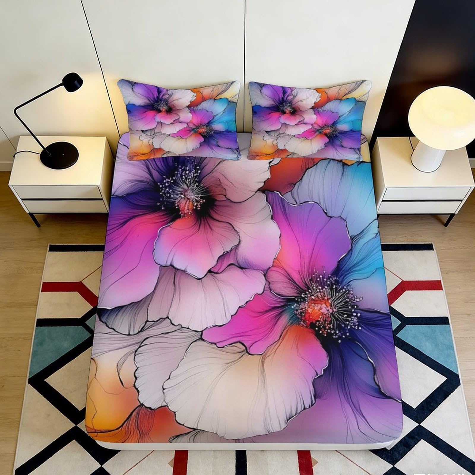 3D Printed Watercolor Floral Fitted Sheet Microfiber Soft Colorful Petal Bed Cover for Bedroom Guest Room Dorm Decor 90x200x25cm