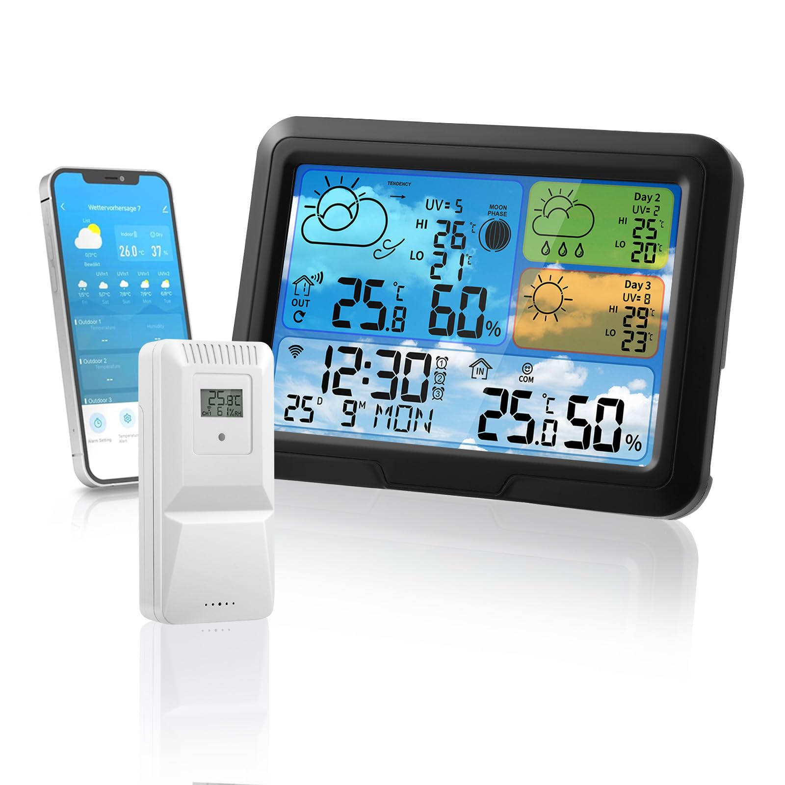 Stazione Meteo Wi-Fi con Sensore Esterno Tuya Smartlife Allarme Sveglia Schermo LCD Colorato Previsioni Meteorologiche Wireless Bianco