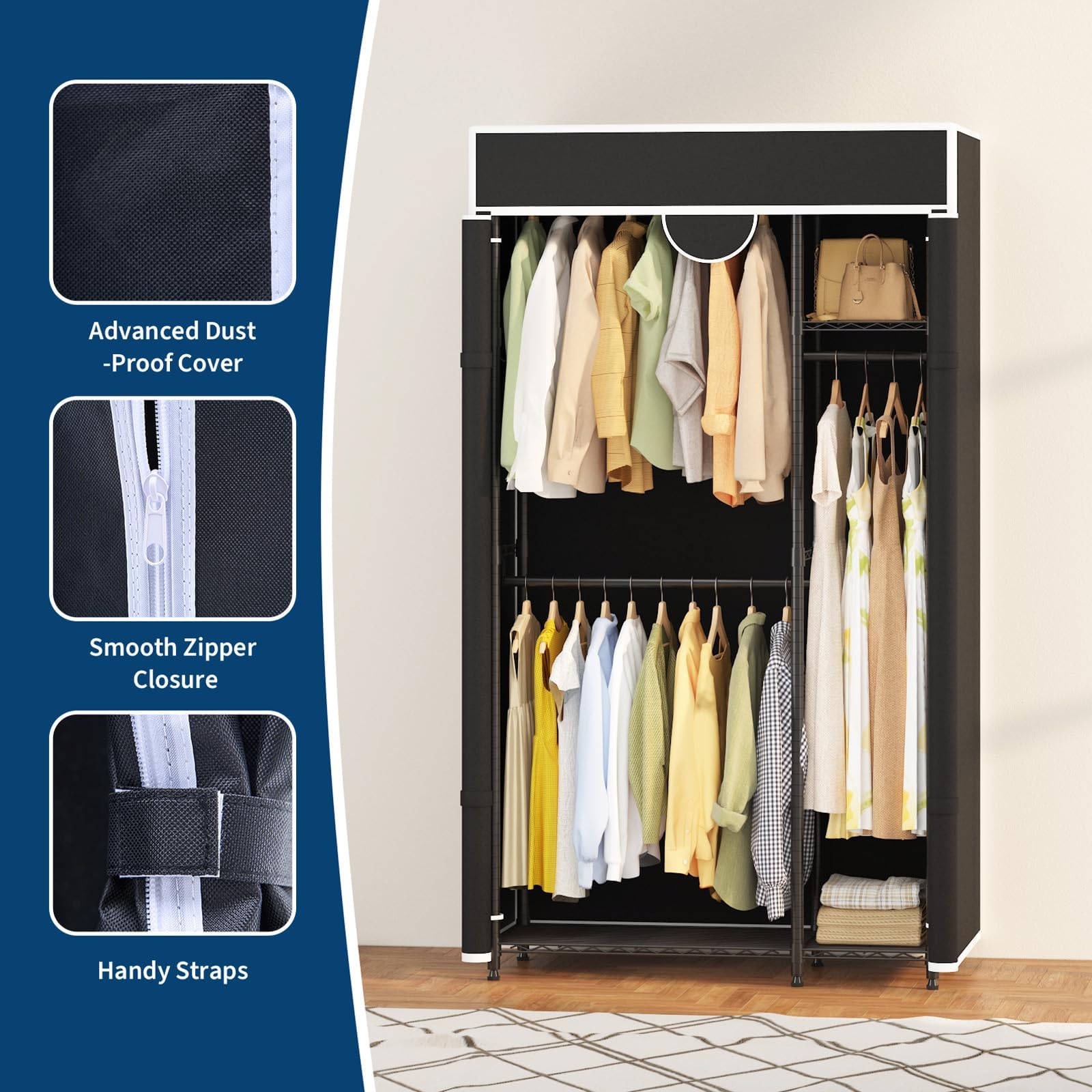 Aptliton Kleiderschrank, Stoffschrank Mit 2 Kleiderstangen, Faltbarer Garderobenschrank Aus Carbonstahl, Tragbarer Aufbewahrungsschrank Für Schlafzimmer Ankleidezimmer, 110 x 40 x 194 cm, Schwarz