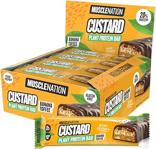Muscle Nation Banana Toffee Custard Plant Protein Bar – Vegan-Friendly High Protein Snack with Layers and Inclusions, Dark Chocolate Coating 12 x 50g
