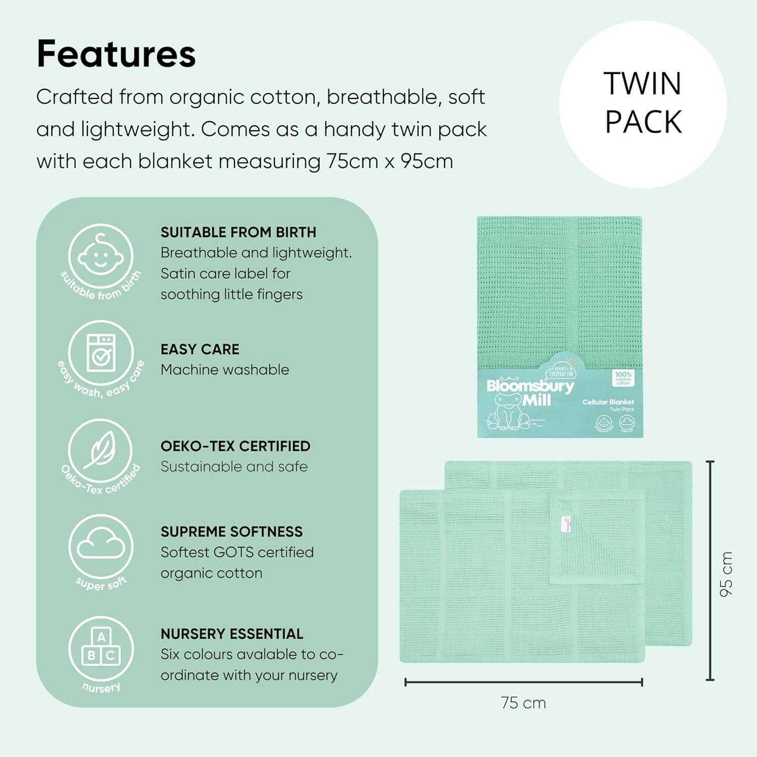 Bloomsbury Mill, Cellular Blankets Baby, Soft 100% Organic Cotton Baby Blanket, Pack of 2, Essentials For Newborn - Image 3