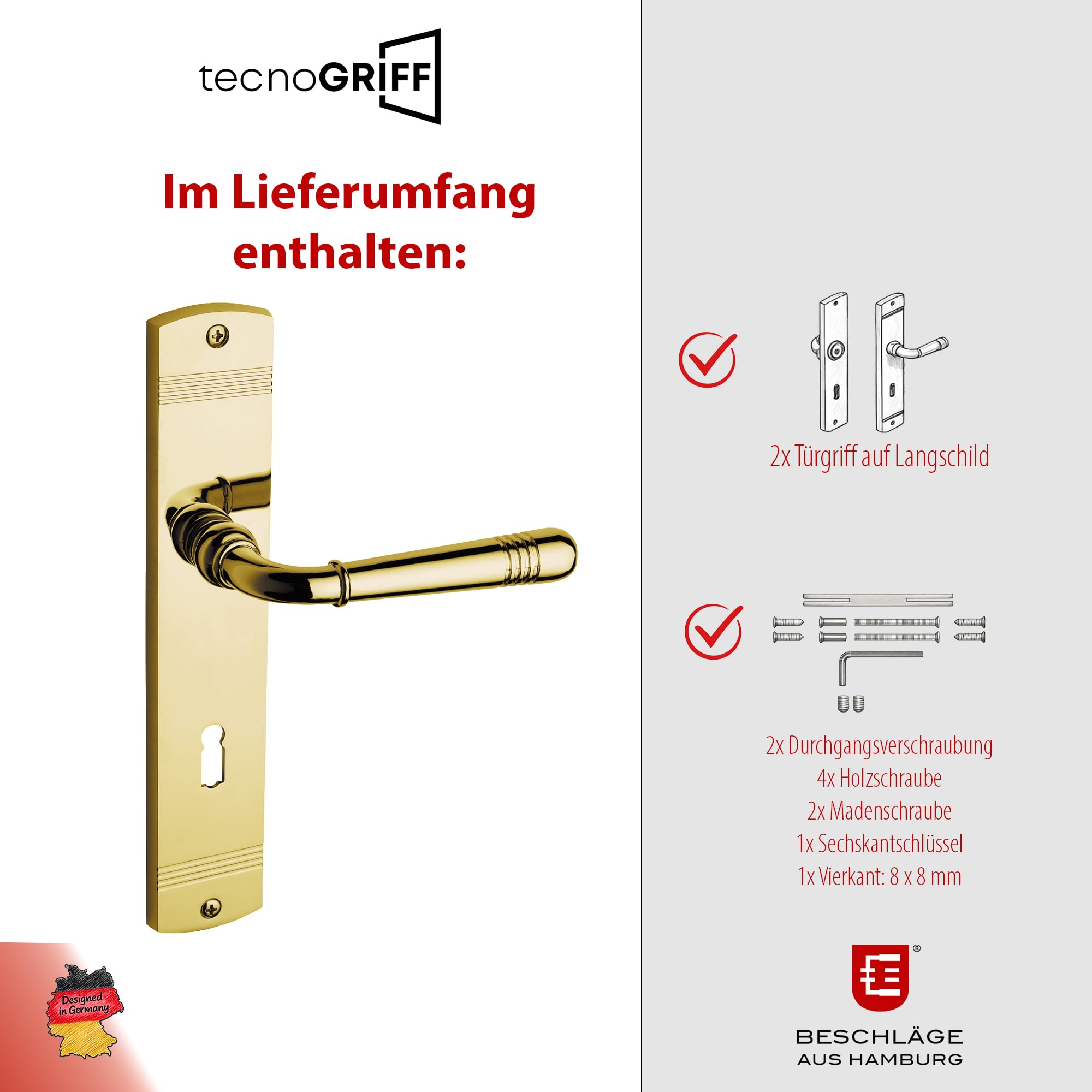 Beschläge Hamburg | Türgriffe Türbeschlag | Emily MPu PVD BB | Türklinken mit Buntbart Langschild 45 x 235 x 8 mm für Zimmertüren | Drückergarnitur/Türdrücker für Innentüren | in messingfarben PVD
