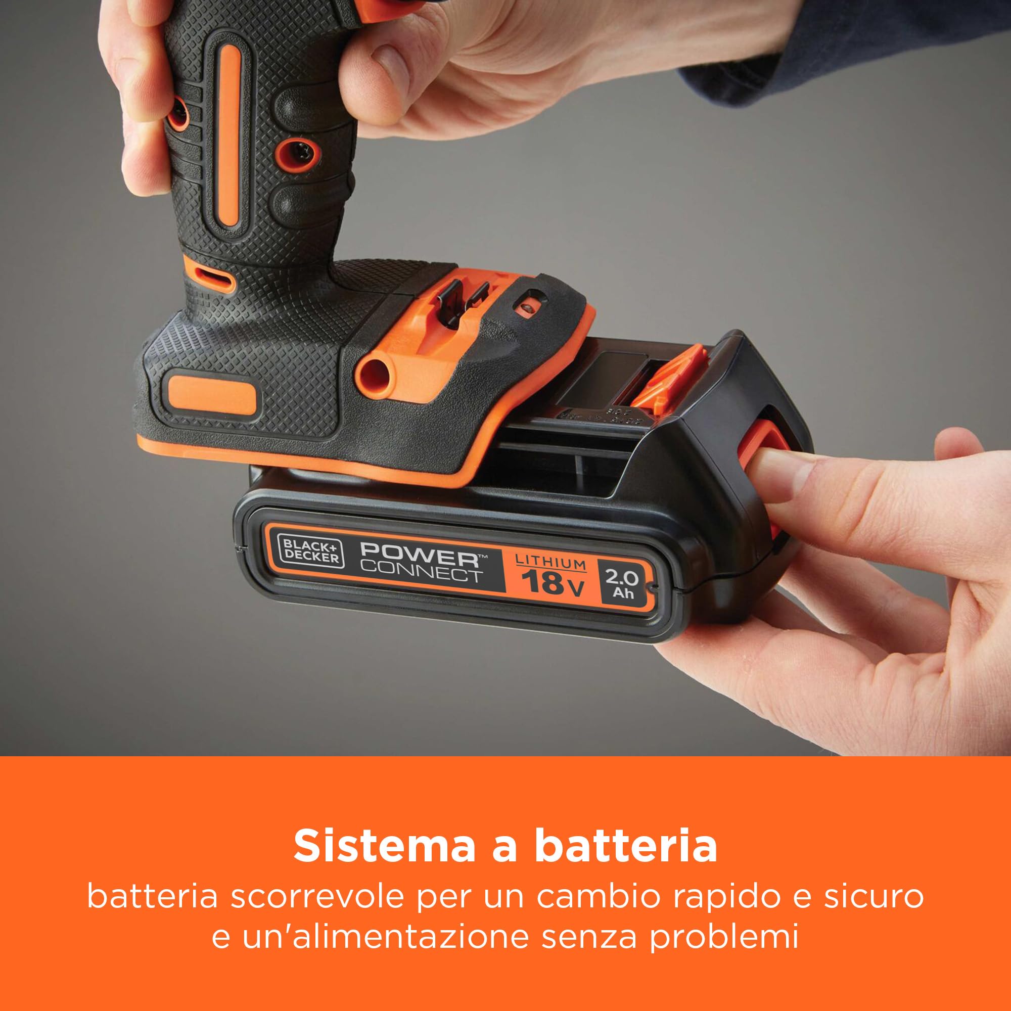 BLACK+DECKER Trapano a percussione da 18V, 2 batterie da 2Ah, caricabatterie da 400mA, 100 accessori, custodia, BDCHD18D2AB-QW