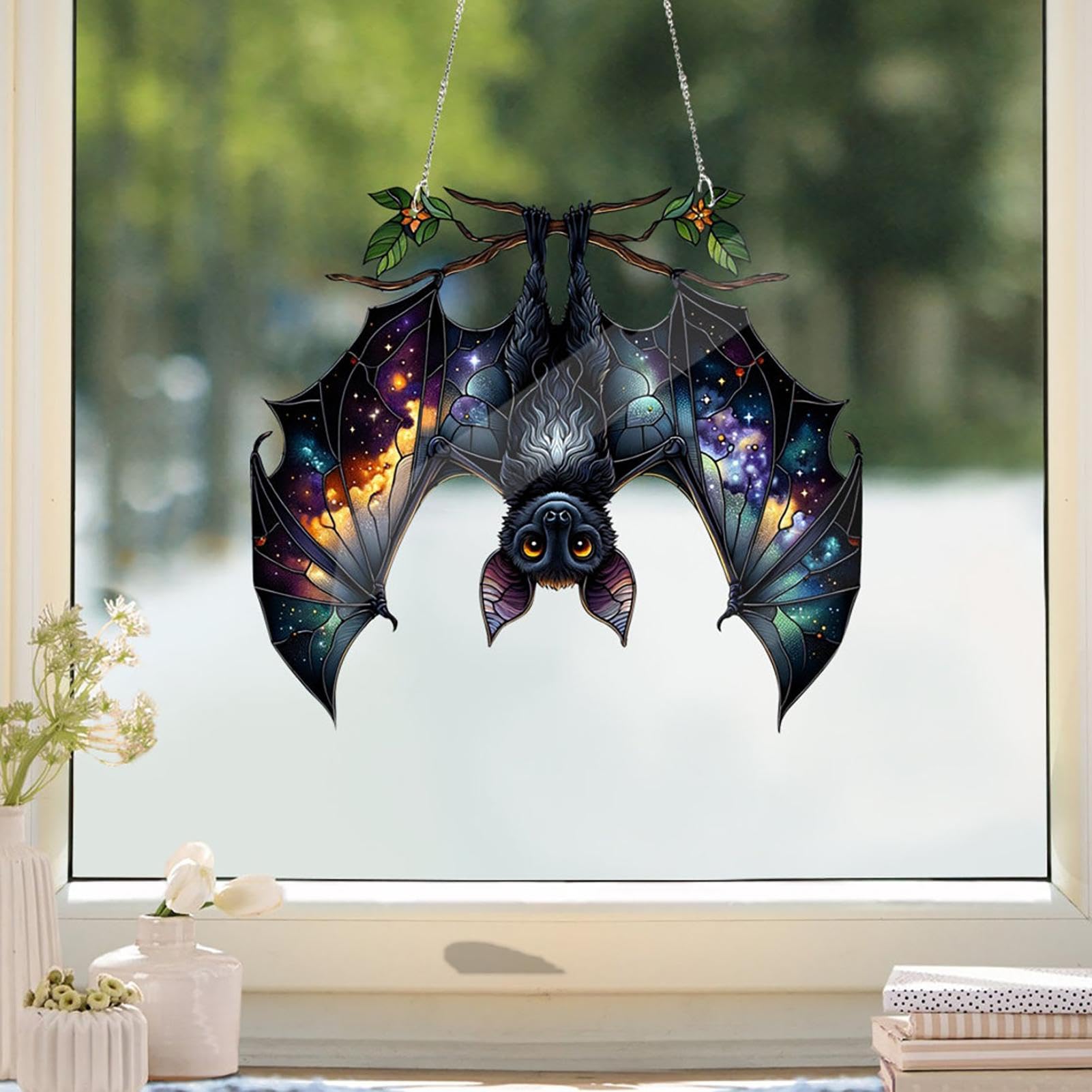 HAOSUM Buntglas-Fledermaus Fensterbehang, Halloween-Deko, Sonnenfänger, Handgefertigt (9,9 X 8,9 Cm)