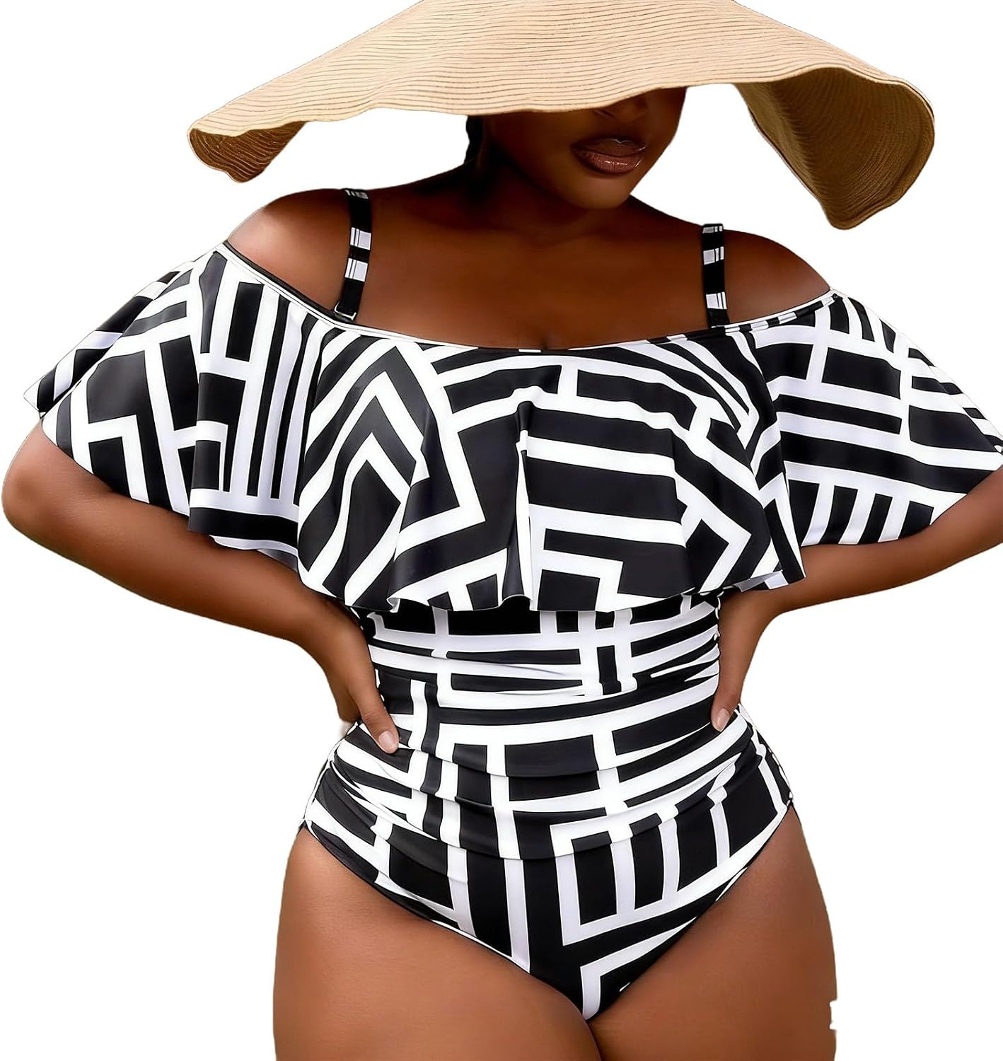 Women's One Piece Swimsuit Plus Size Ruffle Cold Shoulder Swimwear 2026 Comfy Adjustable Straps Monokini Set