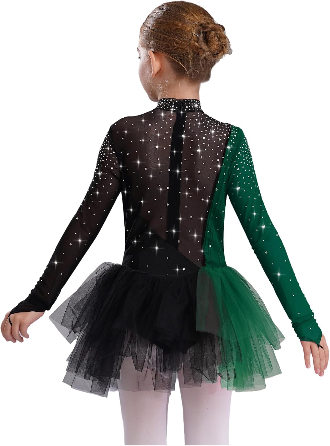 Kids Girls Sparkly Figure Skating Dress Long Sleeve Ballet Tutu Leotard Contemporary Dance Dress