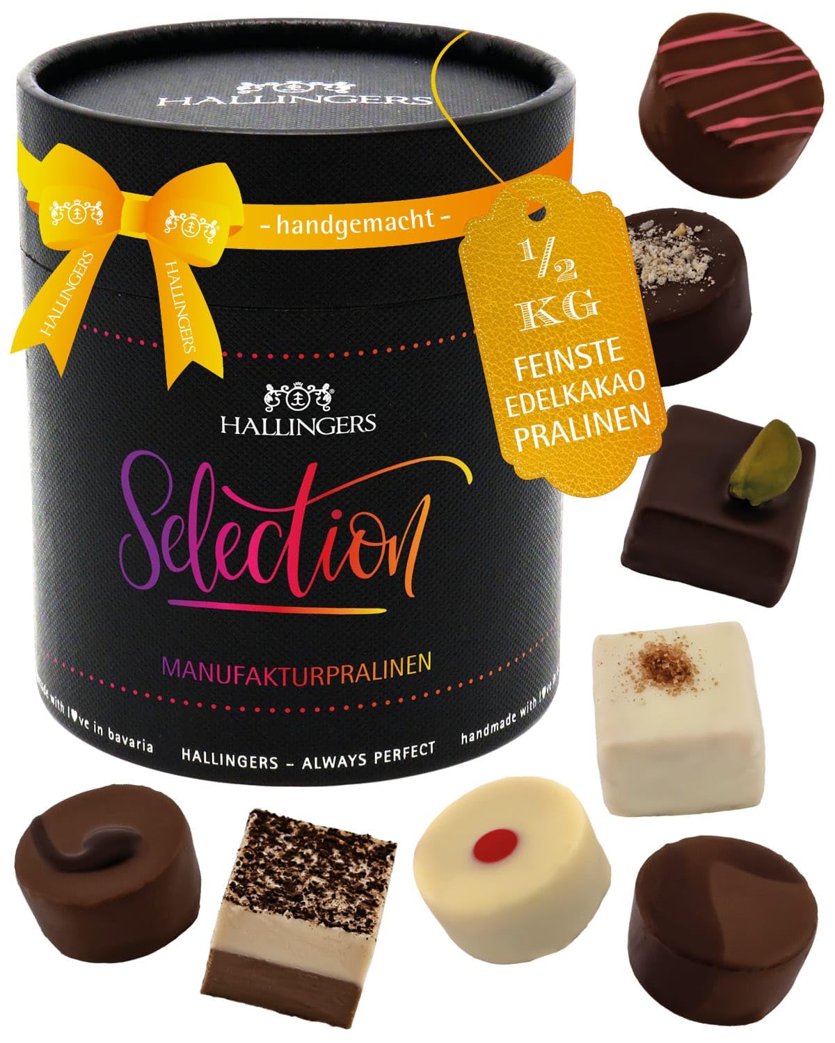 Hallingers Genuss Manufaktur Pralinen Geschenk - ohne Alkohol, handmade aus Confiserie-Edelkakao in wertiger XXL-Geschenkdose "Selection", Geschenkidee für Frauen Männer