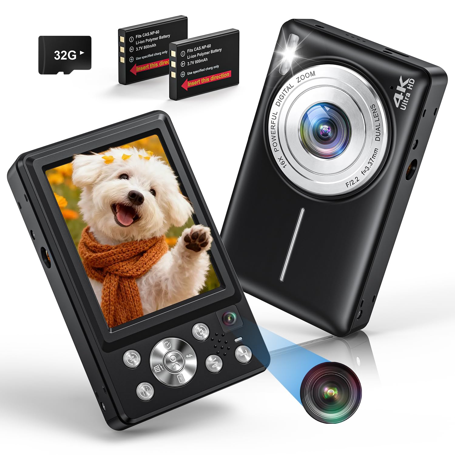 Cámara Digital 4K de 64 MP, Enfoque automático, cámara de Fotos Dual con Tarjeta de 32 GB, Zoom Digital de 16X, cámara Digital compacta con 2 baterías para Principiantes y Adolescentes