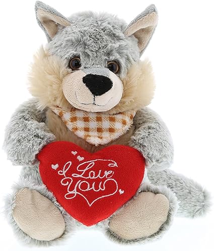 DolliBu I Love You Valentine Plush Sitting Wolf  Lindo animal de peluche con corazón rojo y nombre, regalo personalizado para el día de San