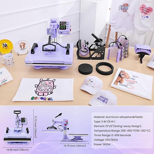 Miniatura 7 de AKEYDIY Máquina de prensa de calor 5 en 1 mejorada para camisetas de 12 x 15 pulgadas, máquina de prensa de camisas oscilante de 360 para
