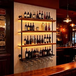 Wall Mounted Wine Rack with LED Light, 4 Tiers Large Wine Rack with Wine Glass Holder. lron & Wood Liquor Bottles Floating Shelves Display Storage for Bar, Kitchen, Cafe (Walnut, 100cm/39.3in)