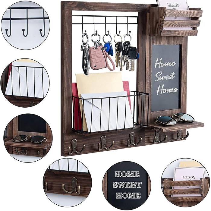 QooWare Key Holder Wall Mount with Mail Slot, Chalkboard, Drawer & 7 Hooks
