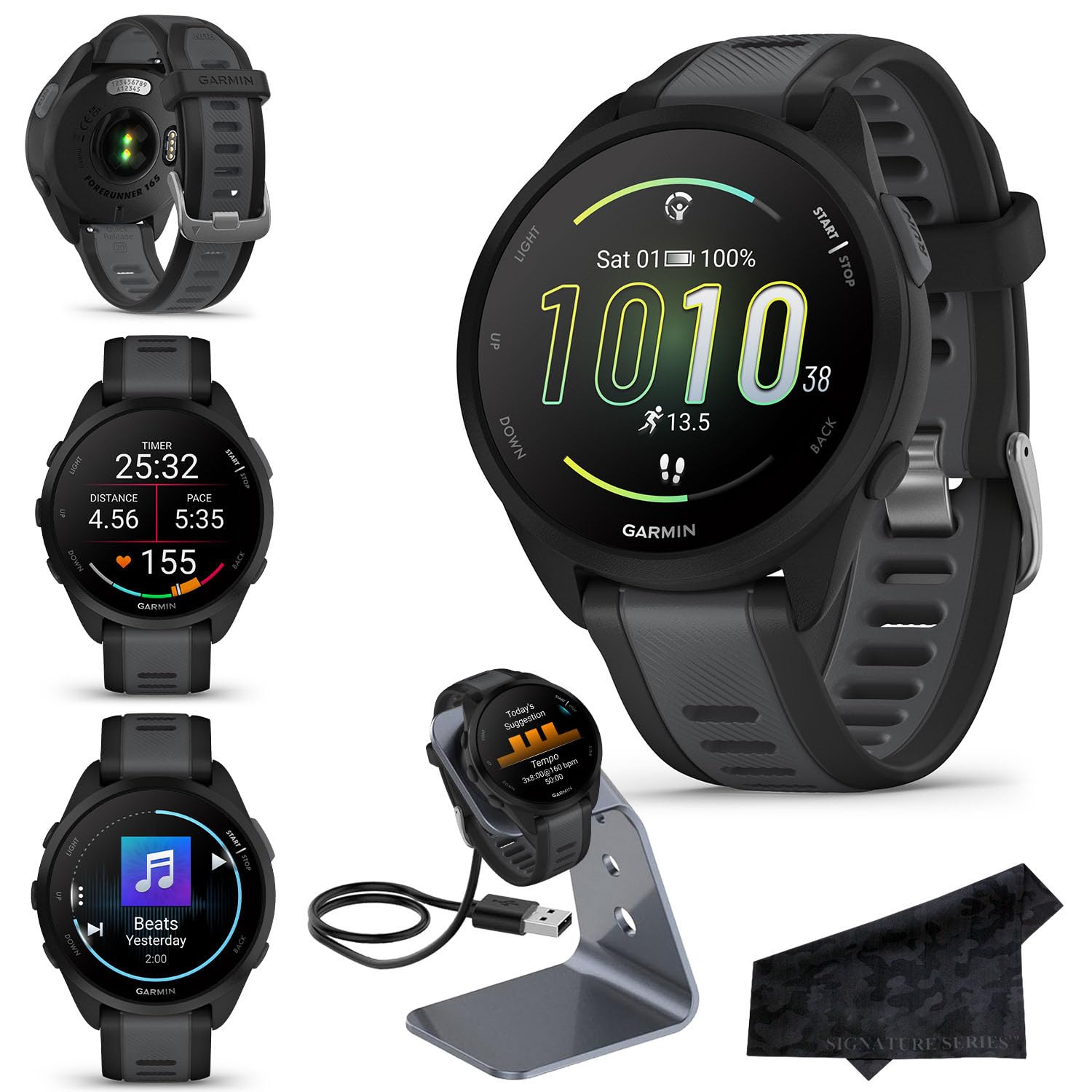 Garmin Forerunner 165 Music GPS Running Smartwatch, Black/Slate Gray | Advanced Health and Fitness Insights, Sleep Coach, Training Plans, Download Songs | Signature Series Charging Stand Bundle