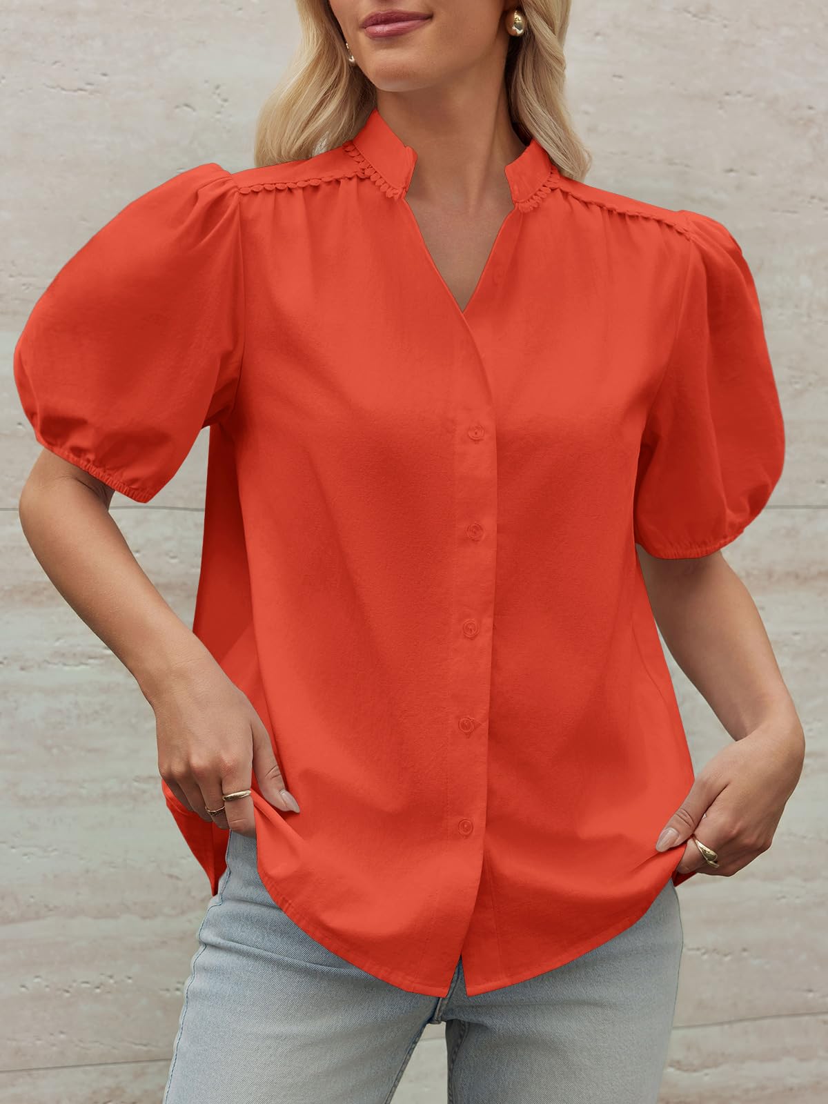 Tankaneo Chemisier d'été décontracté à manches bouffantes en coton plissé pour femme