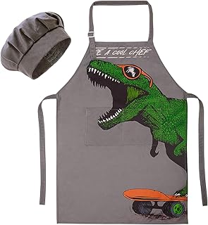 MHJY Kids Apron and Chef Hat for Boys Dinosaur Adjustable Child Aprons with Pockets