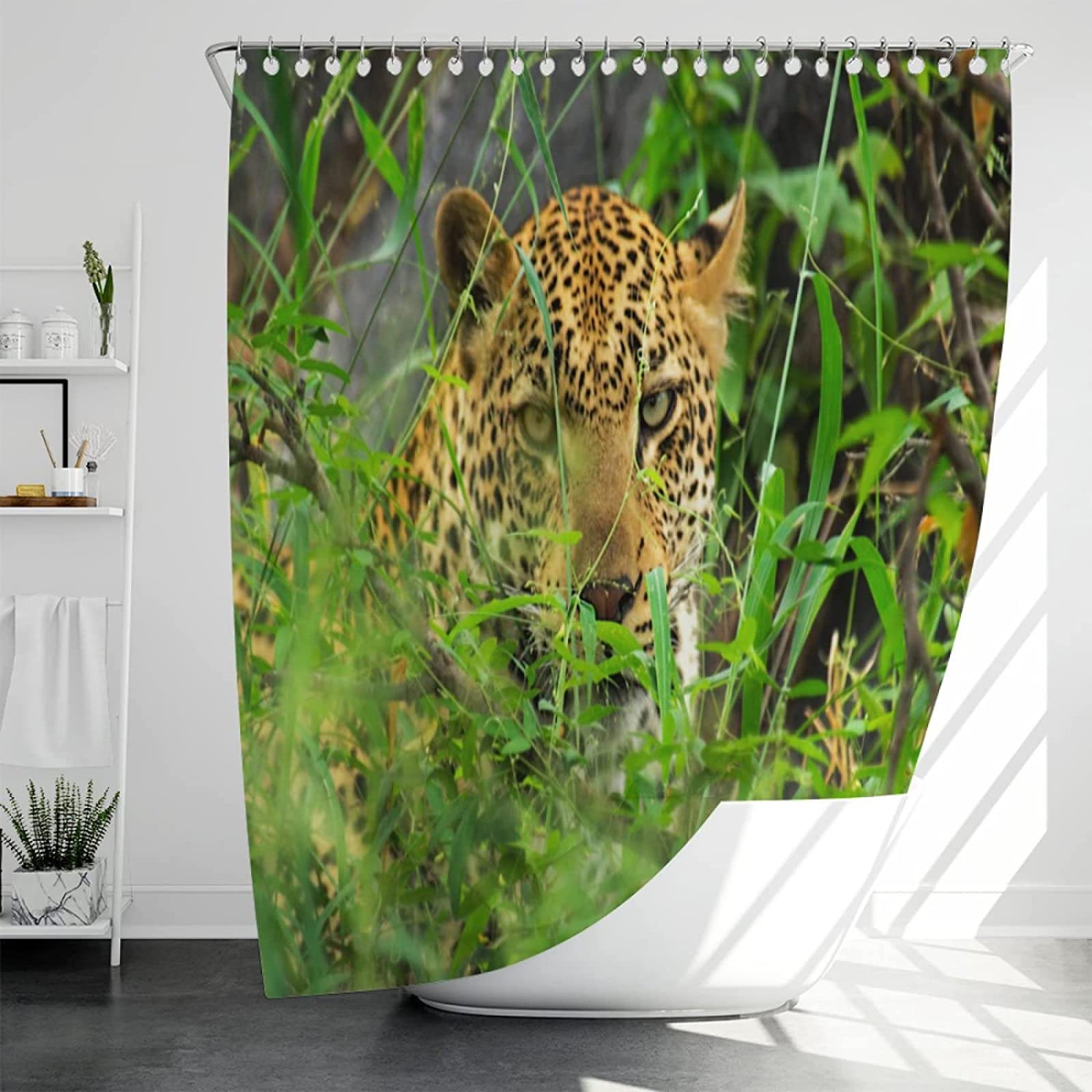 Léopard Rideau Douche, Léopard Rideau de Bain 100% Polyester Tissu Rideau de Douche Anti Moisissure Imperméable pour Salle de Bain ou Baignoire, 12 Crochets, 240x200 cm