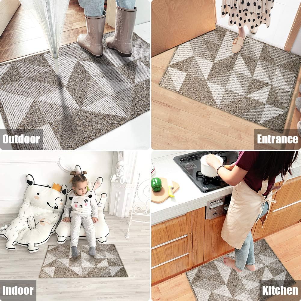 Indoor Doormat 24"x 36", Absorbent Front Back Door Mat Floor Mats, Rubber Backing Non Slip Door Mats Inside Mud Dirt Trapper Entrance Front Door Rug Carpet, Machine Washable Low Profile-Brown Geome