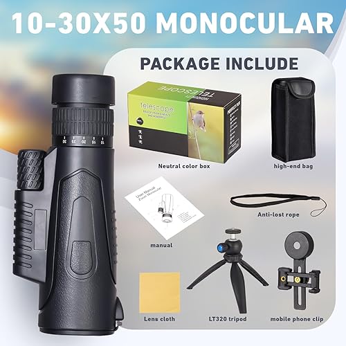 Miniatura 2 de Telescopio monocular de 10-30x50 de alta potencia para adultos y niños con adaptador para teléfono inteligente, trípode correa de mano, prisma BAK-4