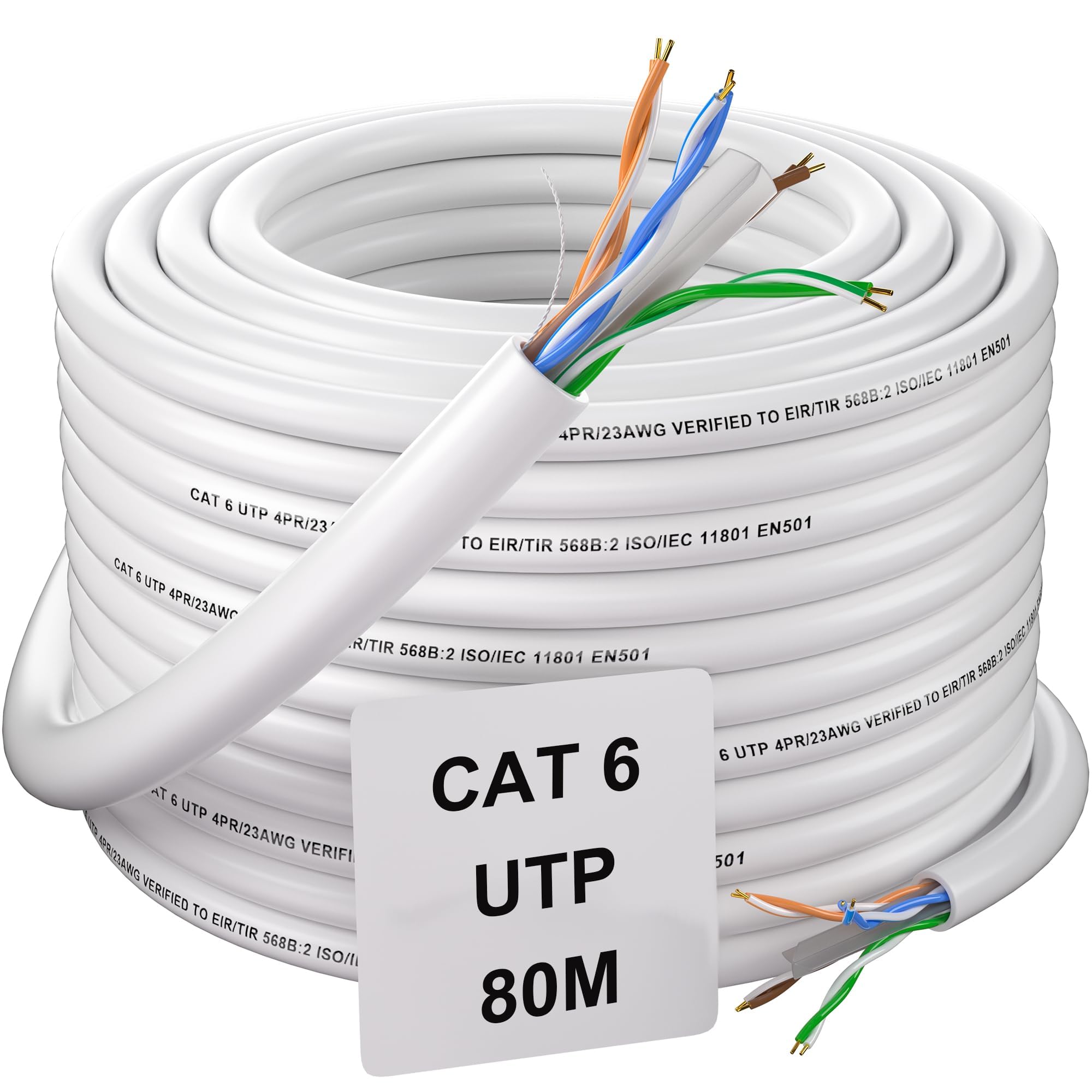 Soibke Cavo Ethernet 80 Metri, Bobina Cat 6 Cavo di Rete Alta Velocità | Cavo LAN 80m Lungo per Esterno 1000 Mbit/s, RJ45 Gigabit Cavo di Installazione UTP 23AWG Impermeabile Cavo Internet Bianco