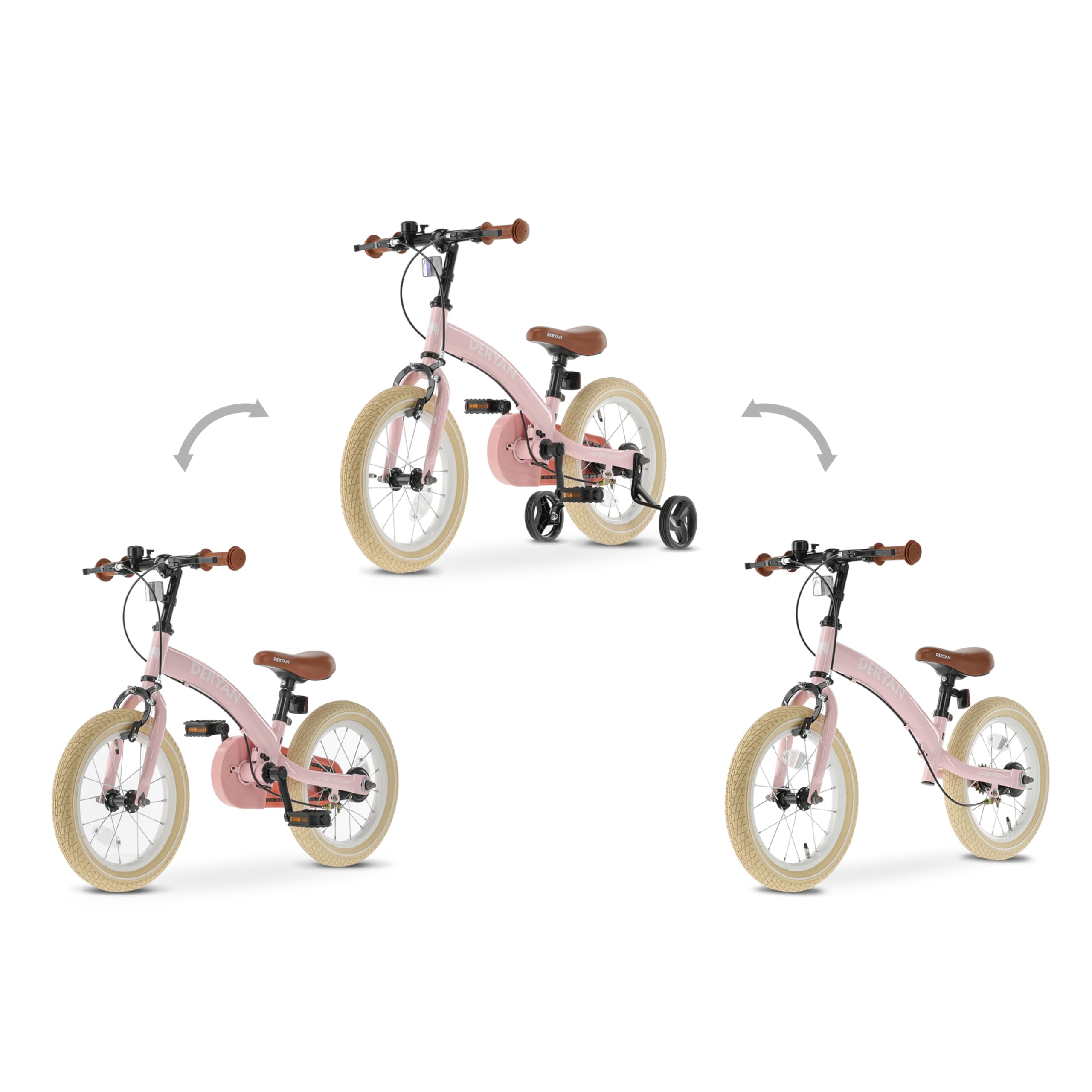 Deryan Bicicletta per Bambini 3 in 1 12 14 16 Pollici con Rotelle e Pneumatici ad Aria