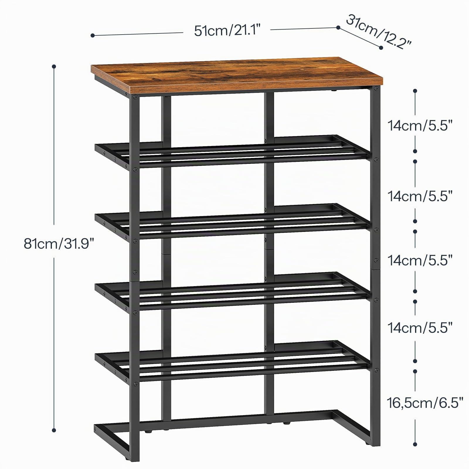 HOOBRO Scarpiera a 5 Livelli in Stile Industriale, Scaffale Portascarpe, Struttura in Metallo con Base a U e Piedini Regolabili, Marrone Vintage e Nero EBF54XJ01