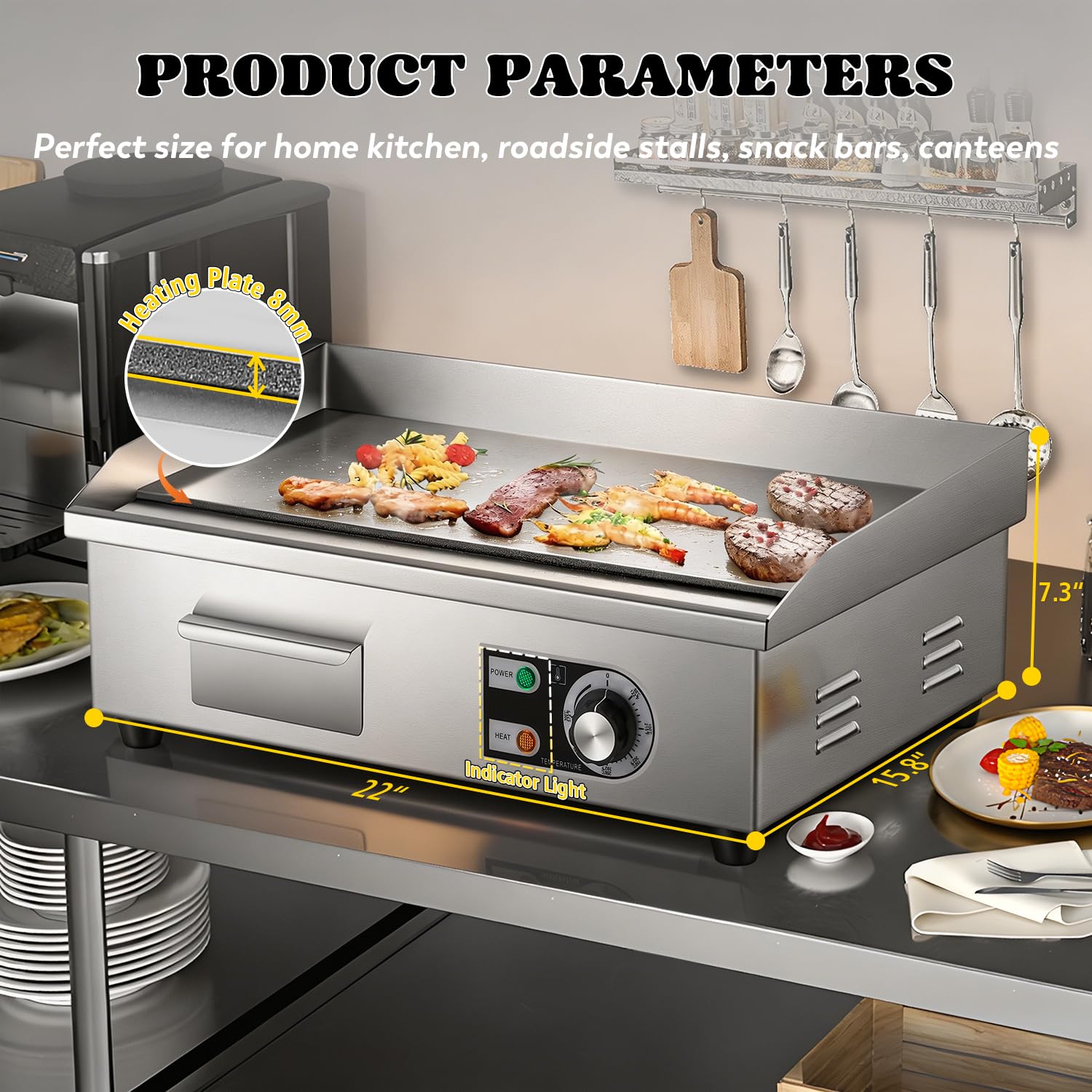 Moongiantgo Piastra Elettrica Commerciale 22" 3000W, Grill in Acciaio Inox con Scatola Olio Rimovibile e Temperatura Regolabile (0-300°C), Piastra Teppanyaki Antiaderente per Ristoranti, Cucine (22'')